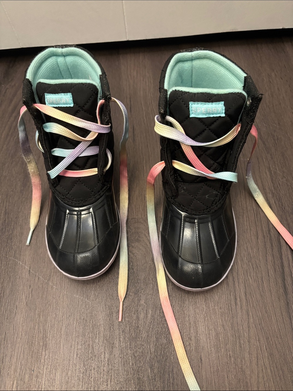 Girls Sperry Rain/Snow Duck Boots with Pastel Rainbow Laces and Mint Lining